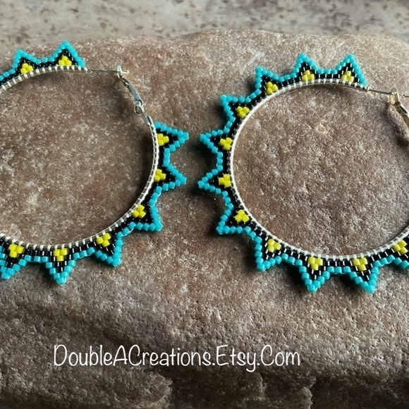 Turquoise and Yellow Sunburst 2” Beaded Hoops, New, Handmade by Me - Picture 3 of 9